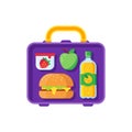 School lunch in lunchbox. Healthy dinner in food box. Schoolkid meal metal bag with sandwich, apple and snacks cartoon