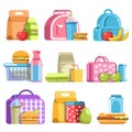 School lunch and meal boxes, containers and bottles, vector flat isolated icons Royalty Free Stock Photo