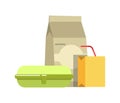 School lunch in paper and cardboard containers isolated illustration
