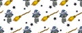 School of magic. MAGIC. The cat is black. Broom for flying. Magic items. Harry Potter and the Hogwarts. Seamless teenage pattern