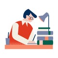 A black-haired man in glasses sitting on a table with books and working. Vector illustration isolated on white Royalty Free Stock Photo