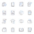 School materials line icons collection. Pens, Pencils, Notebooks, Textbooks, Paperclips, Rulers, Scissors vector and