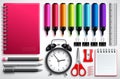 School materials vector set with coloring pens, notebook and office supplies isolated in white background