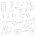 School math formulas, black and white sketch. Vector illustration. Trigonometric and algebraic equations, logarithmic equations, Royalty Free Stock Photo