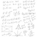 School math formulas, black and white sketch. Vector illustration. Trigonometric and algebraic equations, logarithmic equations, Royalty Free Stock Photo