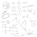 School math formulas, triangles and circles, black and white sketch. Vector illustration. Trigonometric and algebraic equations, Royalty Free Stock Photo