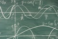 School math lesson. Trigonometry. Chalkboard Function graphs. Royalty Free Stock Photo