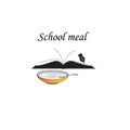 Open book with a bowl of soup and a spoon, school meal concept