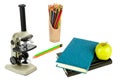School microscope, books and pencils isolated on white. Collage Royalty Free Stock Photo