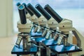 School microscopes for students science class Royalty Free Stock Photo