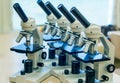 School microscopes for students science class Royalty Free Stock Photo