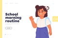 School morning routine concept of landing page with cute girl go to school waving hands to parent