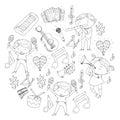 Vector school of music Musical theatre Kindergarten children with music instruments Drum, flute, accordion, trumpet