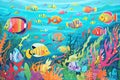 school of neon-colored fish around a reef Royalty Free Stock Photo