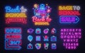 School neon icons set. Back to School Sale neon signs design template. Open Close Bright sign boards, light banner