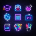 School neon icons set. Back to School neon signs design template. Bright signboard, light banner, Isolated icon. Vector