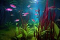 school of neon tetras among aquatic plants