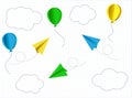 School notebook background. Colorful paper balloons and planes banner. Vector