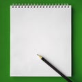 School notebook and pencil on green background, back to school concept, modern elementary education. flat lay Royalty Free Stock Photo