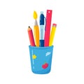 School or office Cup for pens and pencils. Colorful flat vector illustration. Pen, brush, pencils, and ruler stationery holder