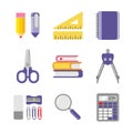 School and office stationery. Vector icon set in flat style. Royalty Free Stock Photo