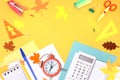 School office supplies,accessories on yellow background top view.Back to school concept empty copy space Royalty Free Stock Photo