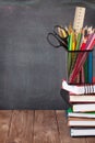 School and office supplies on classroom table Royalty Free Stock Photo