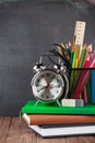 School and office supplies on classroom table Royalty Free Stock Photo