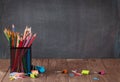 School and office supplies on classroom table Royalty Free Stock Photo