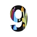 School or office supplies font. Digit nine, 9 cut out of paper on a background of a set of stationery for school, study or office