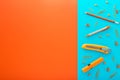 School and office supplies frame, on blue background with copy space, back to school Royalty Free Stock Photo