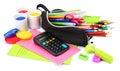 school and office supplies. school background. colored pencils, pen, pains, paper for school and student education isolated on Royalty Free Stock Photo