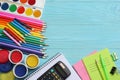 School and office supplies. school background. colored pencils, pen, pains, paper for school and student education Royalty Free Stock Photo