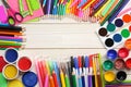 School and office supplies. school background. colored pencils, pen, pains, paper for school and student education Royalty Free Stock Photo