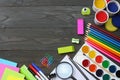 School and office supplies. school background. colored pencils, pen, pains, paper for school and student education Royalty Free Stock Photo