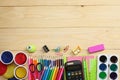 School and office supplies. school background. colored pencils, pen, pains, paper for school and student education Royalty Free Stock Photo