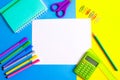 School and office supplies. Workspace top view, copy space. Desk office with pencil, notebook, and other office supplies. Flat lay Royalty Free Stock Photo