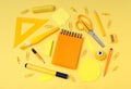 School and office supplies on yellow background, mock-up top view, monochrome concept Royalty Free Stock Photo