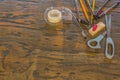 School and office supplys on table with wood