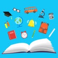 School. Open book and school subjects. Back to school. Vector illustration