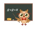 School Owl Near Blackboard. Cute Bird With Glasses Teaching Mathematics, Funny Joyful Bird Teacher, Knowledge And