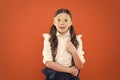 School party concept. What does it mean being smart. Little smart schoolgirl on orange background. Child smart look