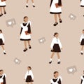 Seamless vector background with schoolgirls. Vector flat background. vector flat wallpaper