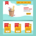 School pencil case flat landing page website template. Drawing, homework, timetable. Web banner with header, content and Royalty Free Stock Photo