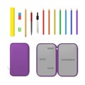 School pencil case with stationery open and closed storage set realistic vector illustration Royalty Free Stock Photo