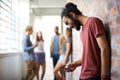 School, phone and college with man in hallway for social media, technology or internet. Eduction, learning and