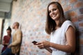 School, phone and portrait of woman in hallway for social media, technology or internet. Eduction, learning and