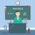 School physics teacher in audience. Vector flat education concept Royalty Free Stock Photo