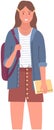 School pupil or college student standing with books. Portrait of smiling schoolgirl with backpack