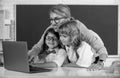 School pupil with teacher learning at laptop computer, studying with online education e-learning in classroom. Education Royalty Free Stock Photo